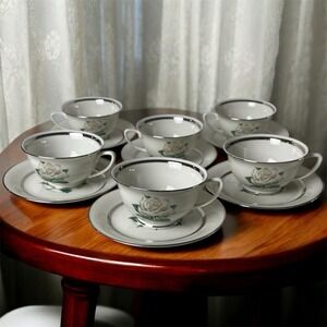 🇺🇸 Vintage Governors Mansion Manor House 6 Cups & Saucers Rose Platinum